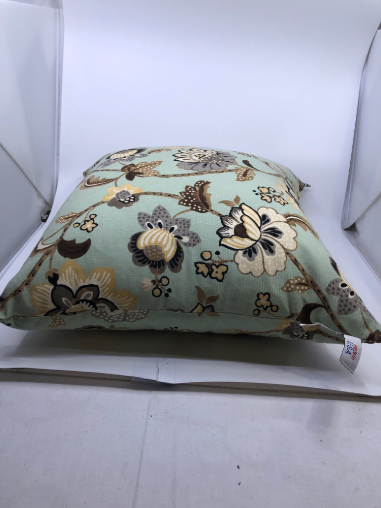AQUA AND TAN FLOWERS PILLOW.