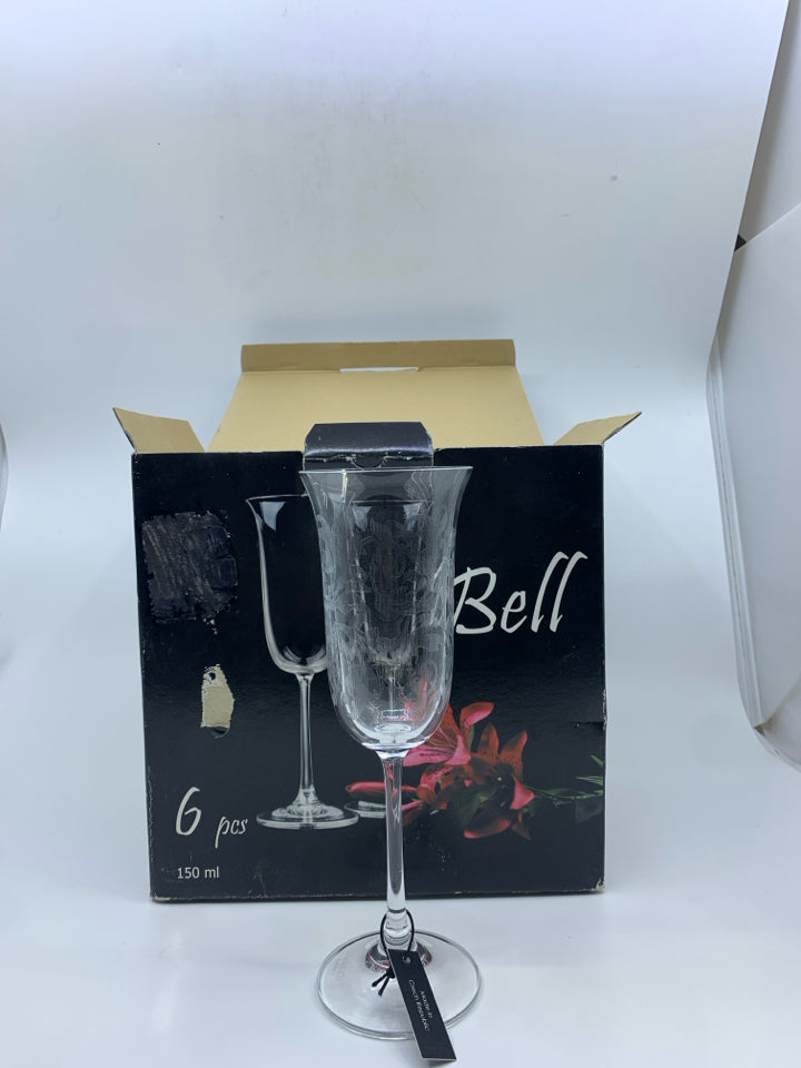 NIB 6 BELL WINE GLASSES.