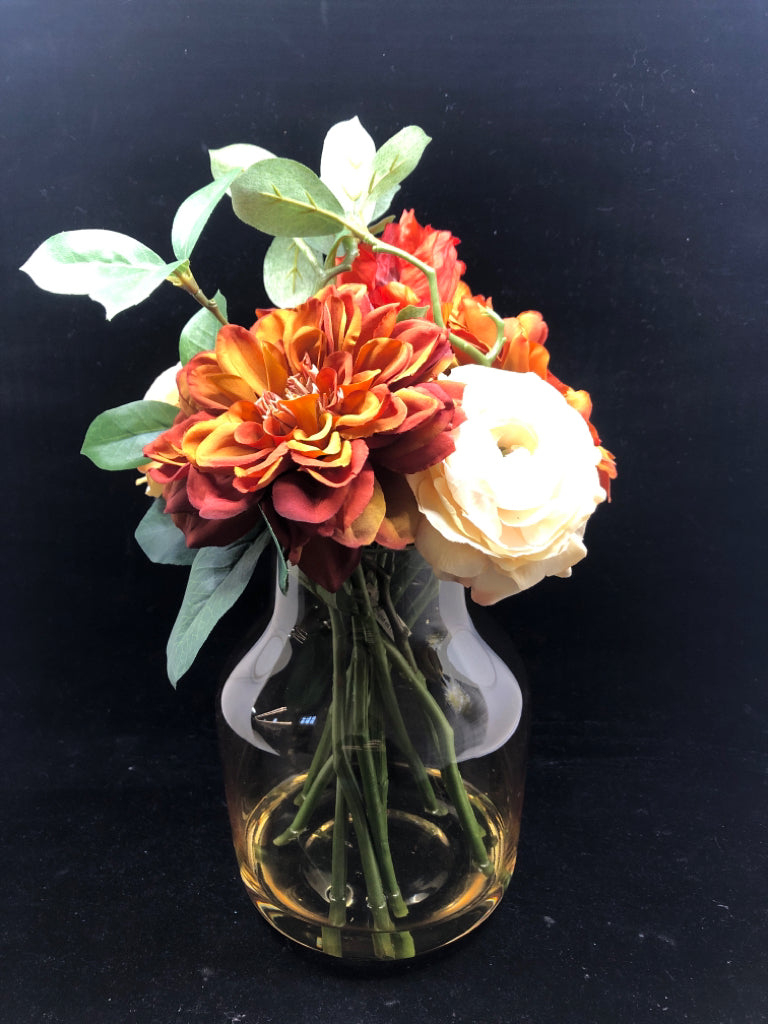 DARK ORANGE/WHITE FAUX ROSES IN YELLOW TINTED GLASS VASE.