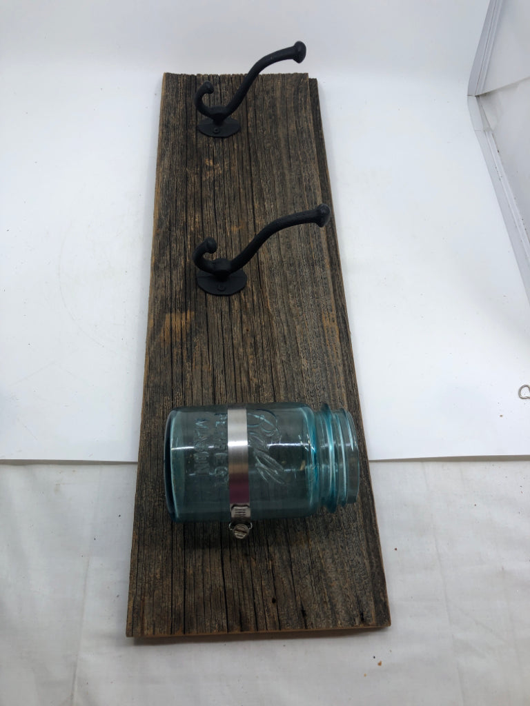 RECLAIMED WOOD 2 HOOKS + BLUE MASON JAR.