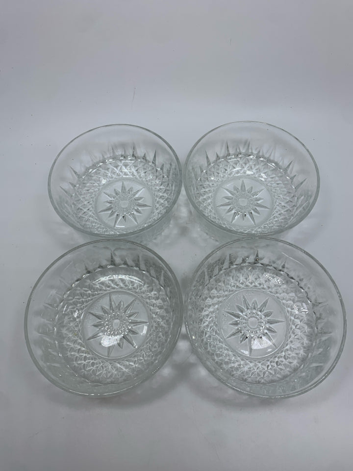 4 ACROROC FRANCE STARBURST DIAMOND CUT GLASS BOWLS.