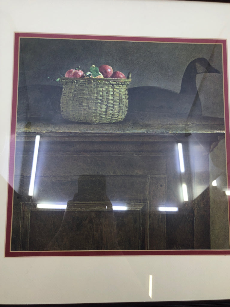 CLOSE UP OF CABINET W/ BASKET OF APPLES+GOOSE FRAMED PRINT 19" X 19"