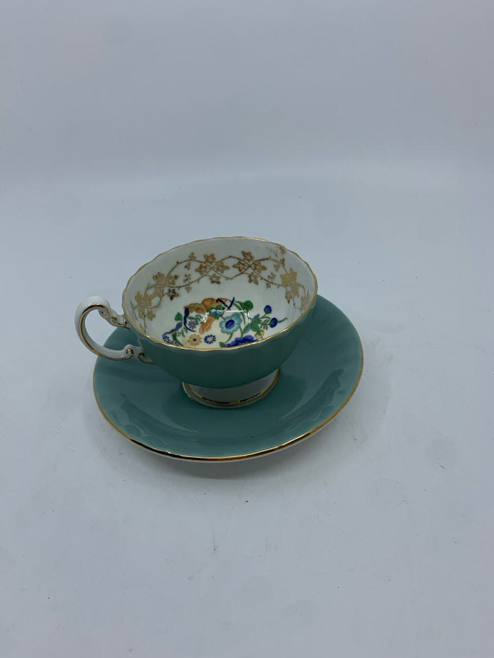 VTG TEAL FLORAL TEACUP AND SAUCER.