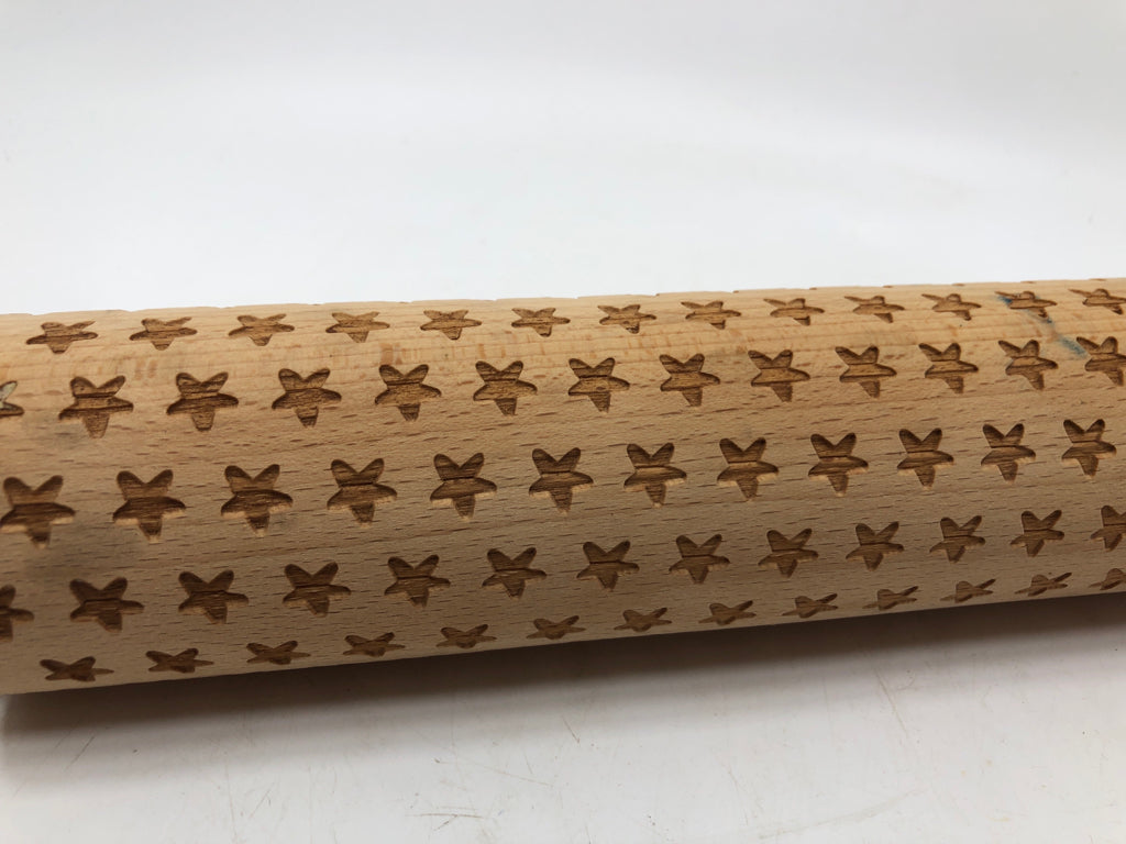WOODEN ROLLING PIN W/CARVED STARS.