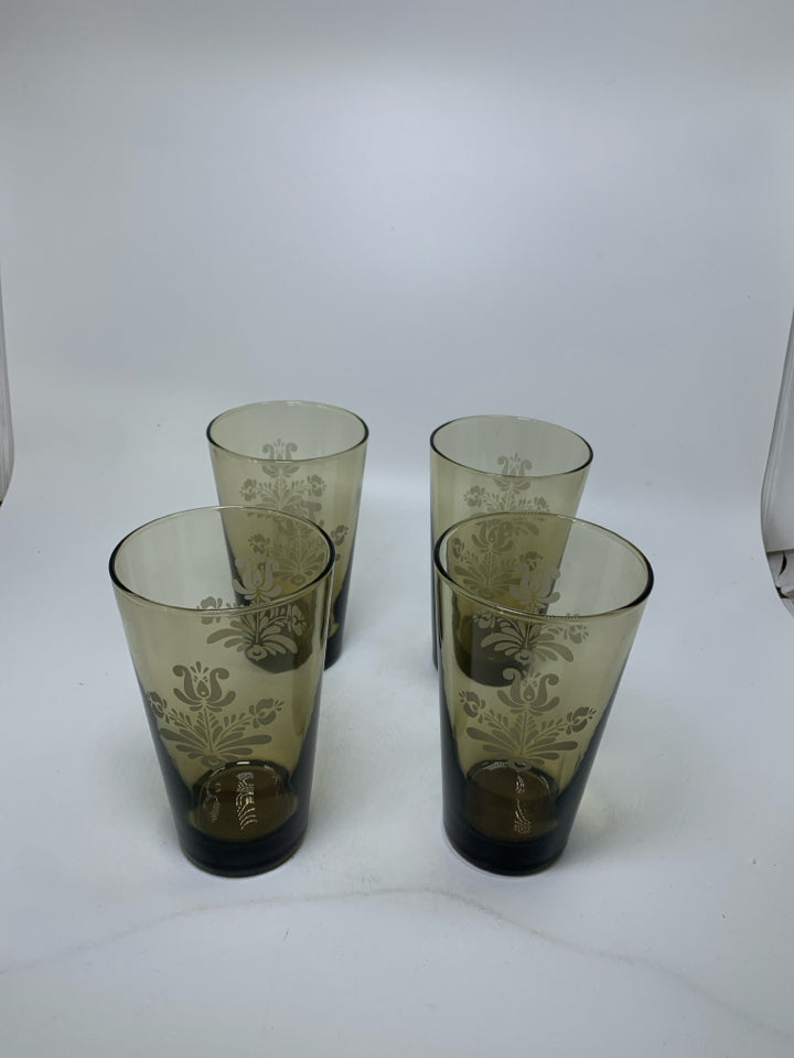 4 LIBBEY "VILLAGE" SMOKEY BROWN TUMBLERS.