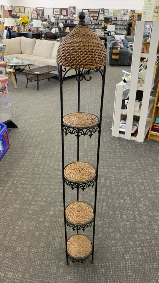 4 TIER BLACK METAL ROUND PLANT SHELF W/WOVEN DOME TOP.