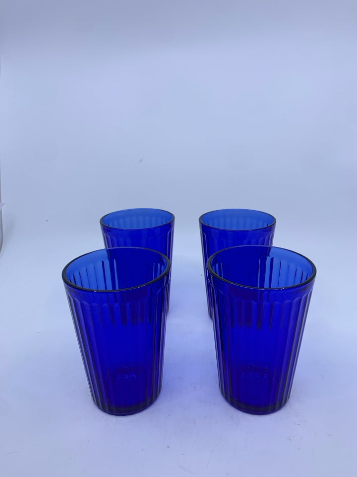 4 IKEA COBALT BLUE RIBBED JUICE GLASSES.