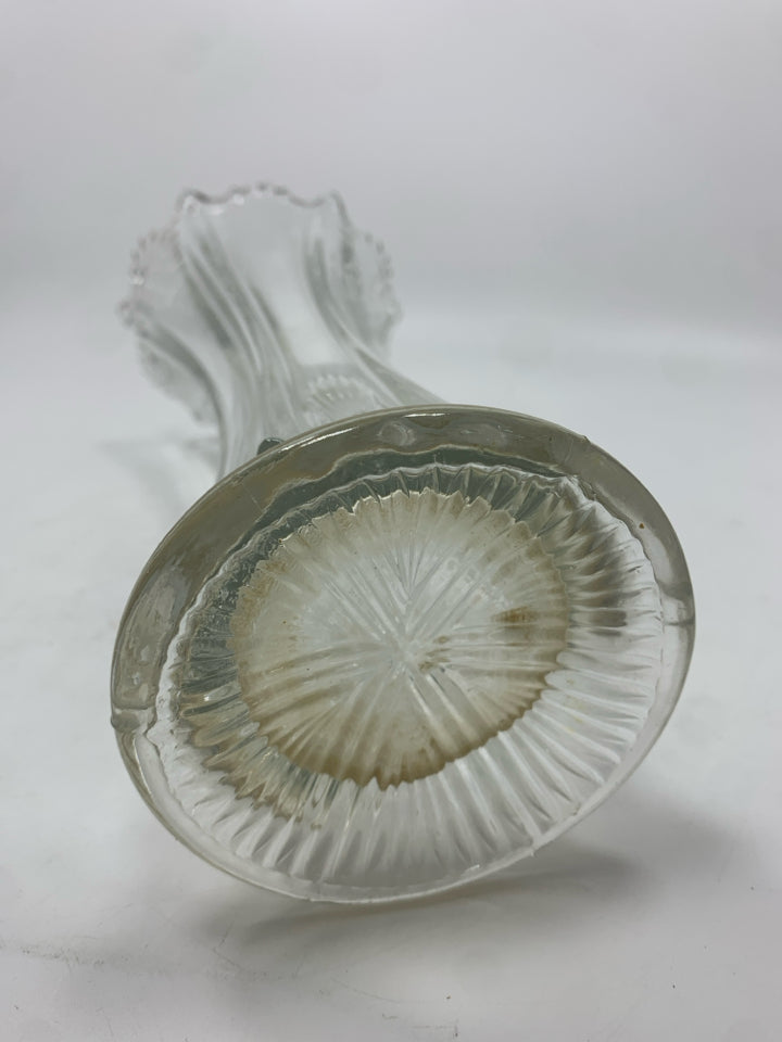 CUT GLASS RIBBED VASE W/RUFFLE TOP.