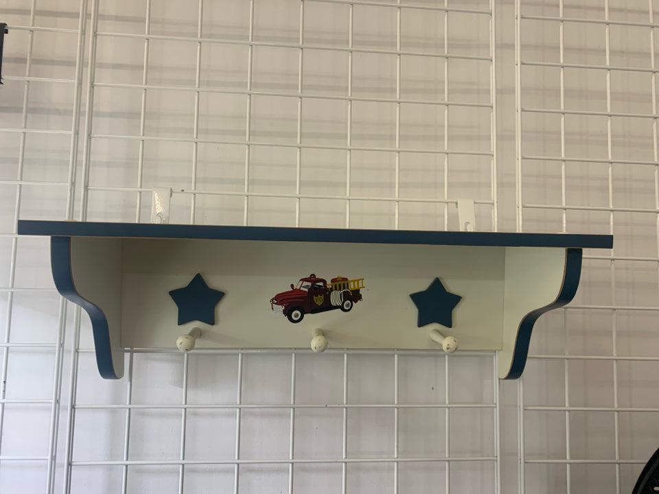 CREAM AND BLUE W FIRE TRUCK WALL SHELF.