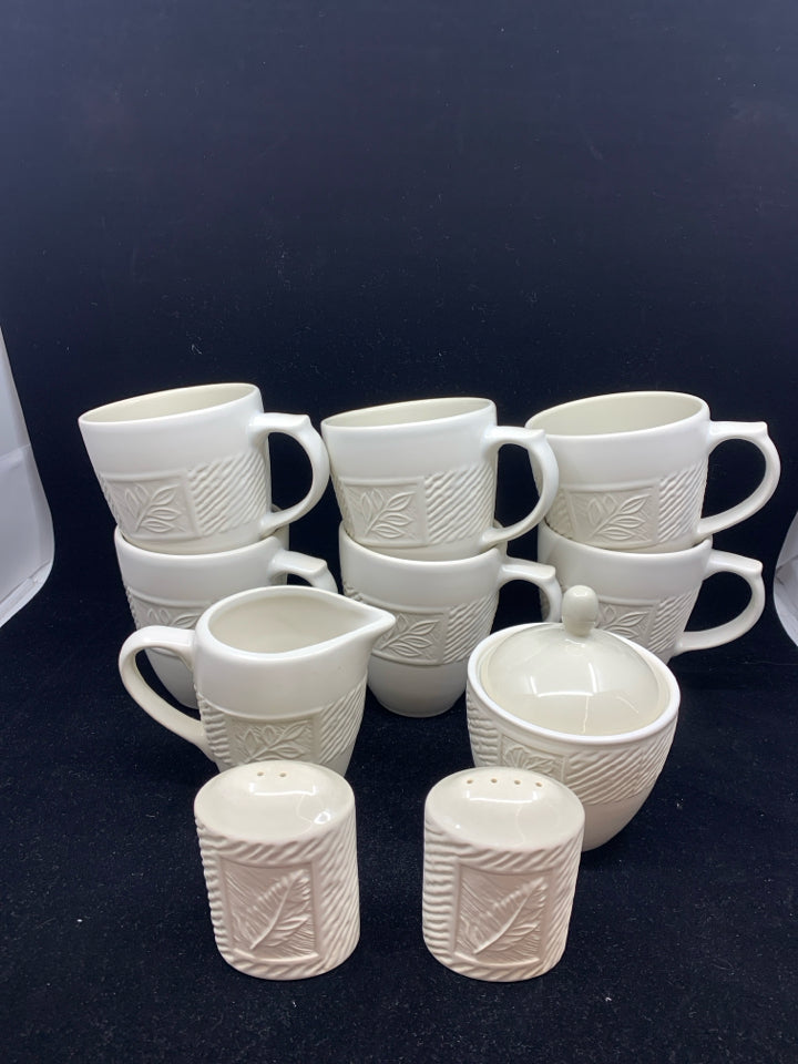 10 PC PFALTZGRAFF CREAM LEAVES EMBOSSED 6 MUGS, CREAMER, SUGAR, SALT AND PEPPER.