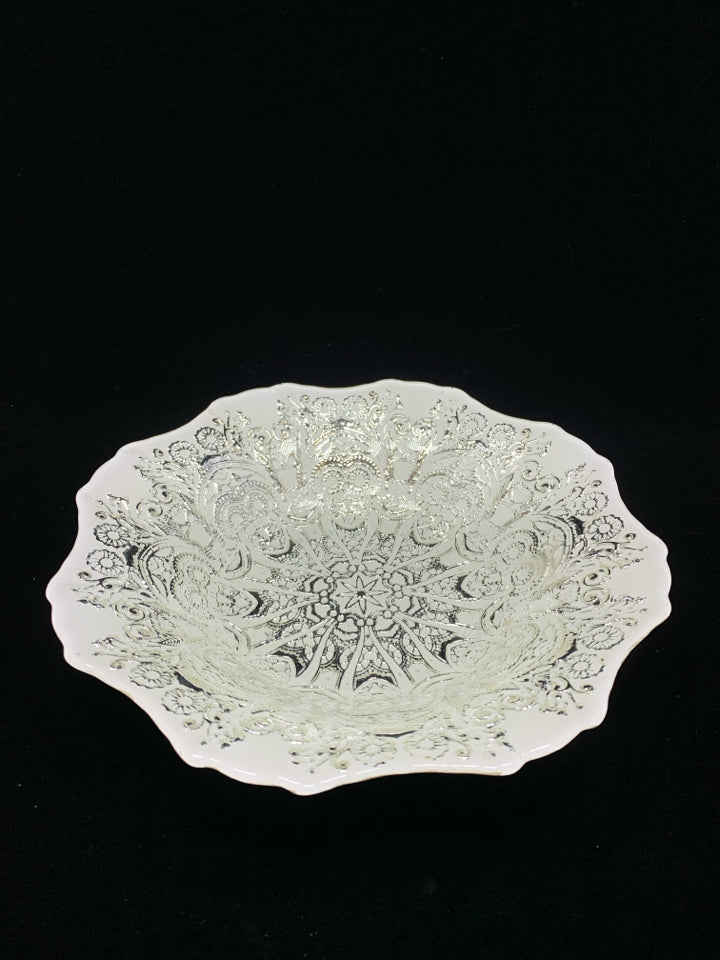 WHITE W/EMBOSSED SILVER GLASS BOWL.