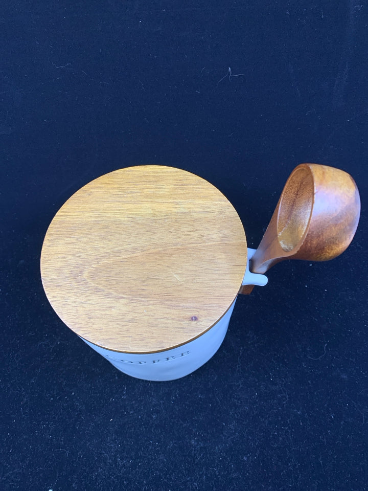 WHITE W/ WOOD LID COFFEE CANISTER W/SPOON.