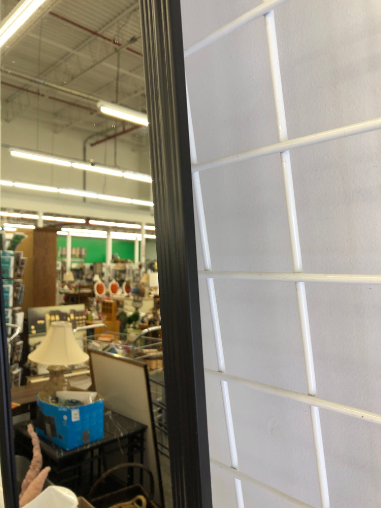 THIN FULL LENGTH MIRROR W/BLACK TRIM.