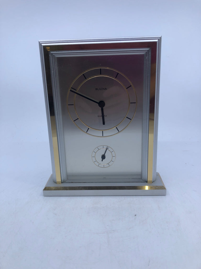 SILVER BULOVA W GOLD ACCENTS DESK CLOCK.