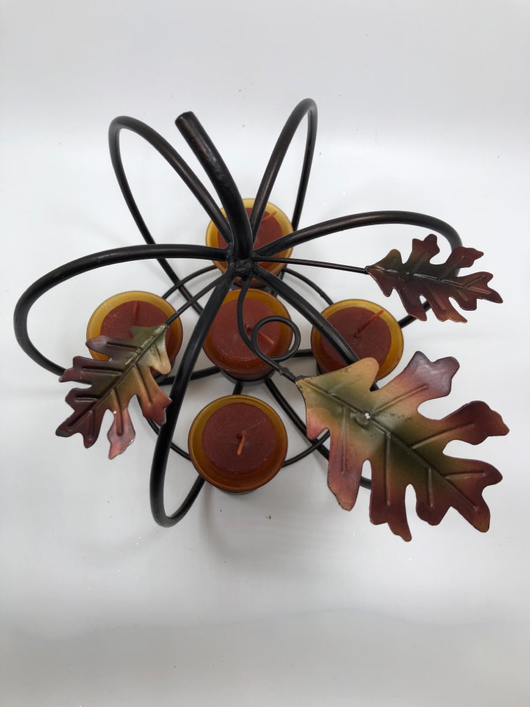 PUMPKIN CAGE CANDLE HOLDER W/CANDLES.
