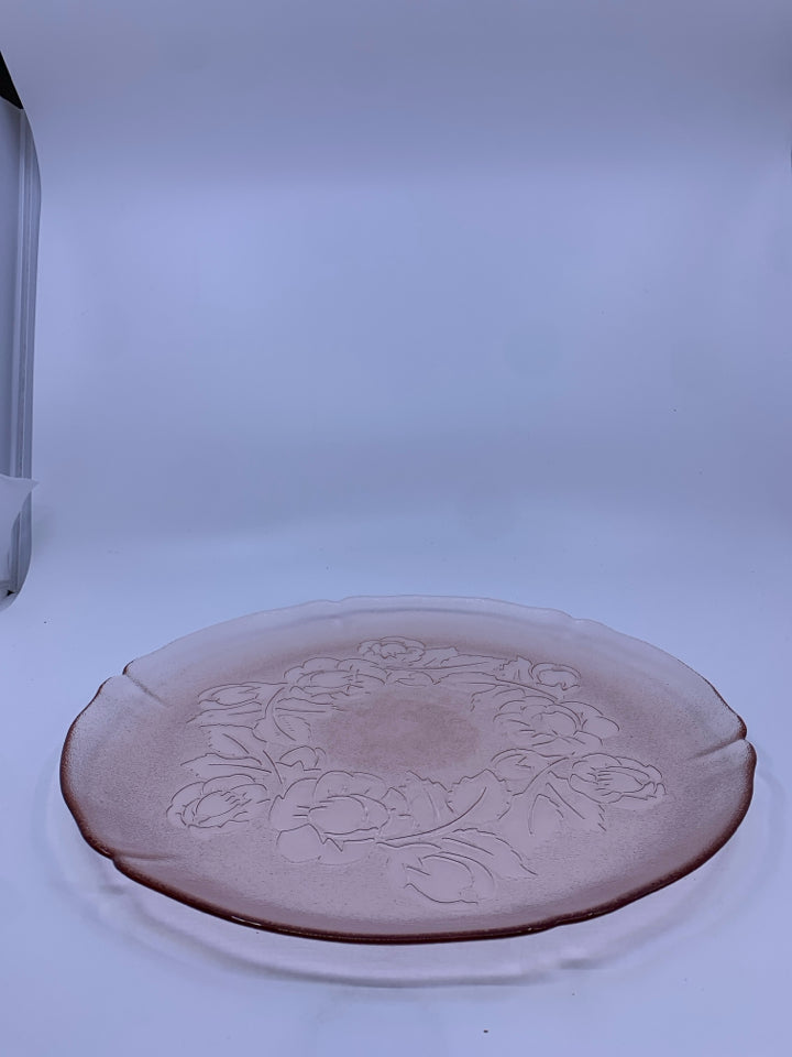 ARCOROC PINK GLASS PLATTER W/ EMBOSSED FLOWERS.