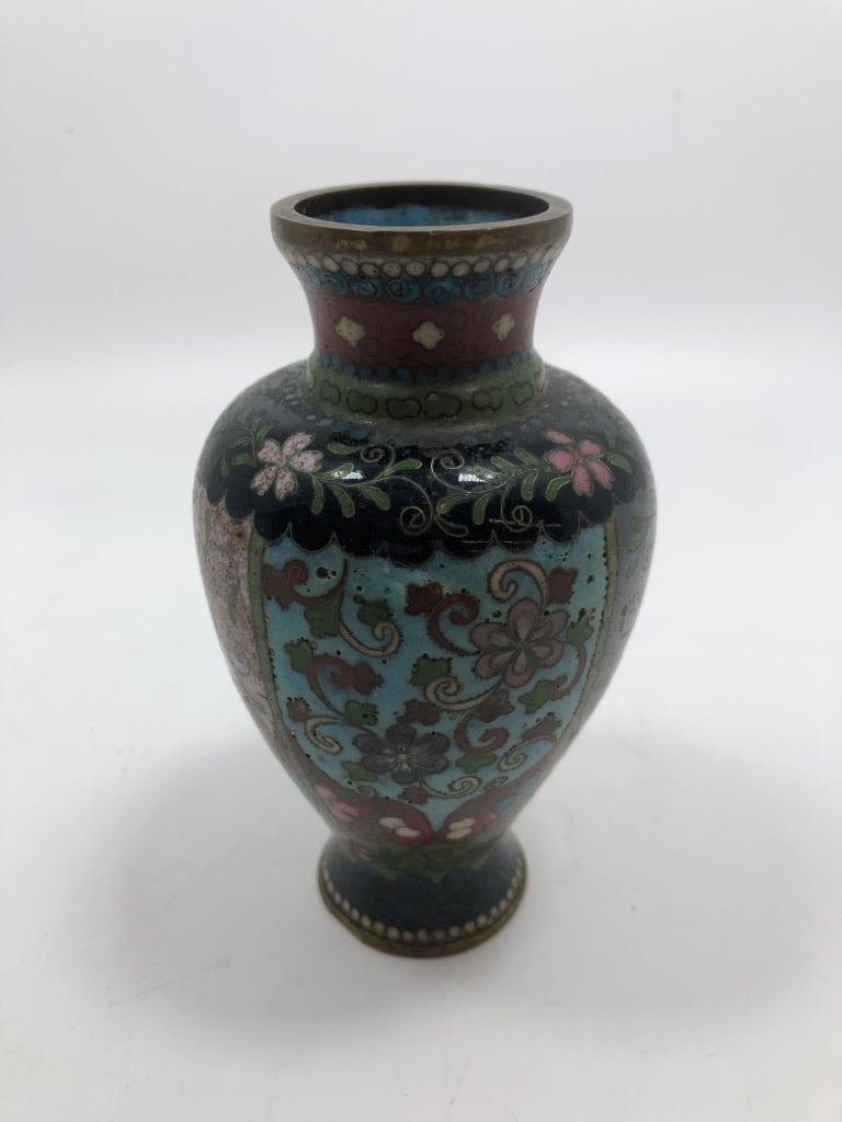 SMALL VTG ENAMEL ON METAL BUD VASE.