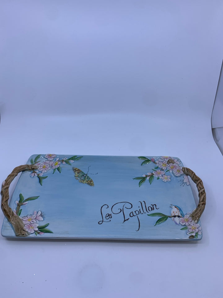 LIGHT BLUE LE PAPILLION PINK FLORAL TRAY W HANDLES.