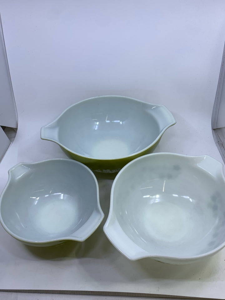 3 VTG GREEN/WHITE CINDERELLA HANDLES BOWLS.