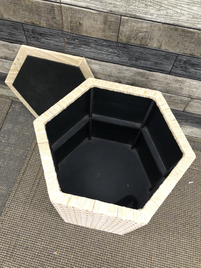HEXAGONAL WOVEN TEXTURED ACCENT TABLE W/ STORAGE.