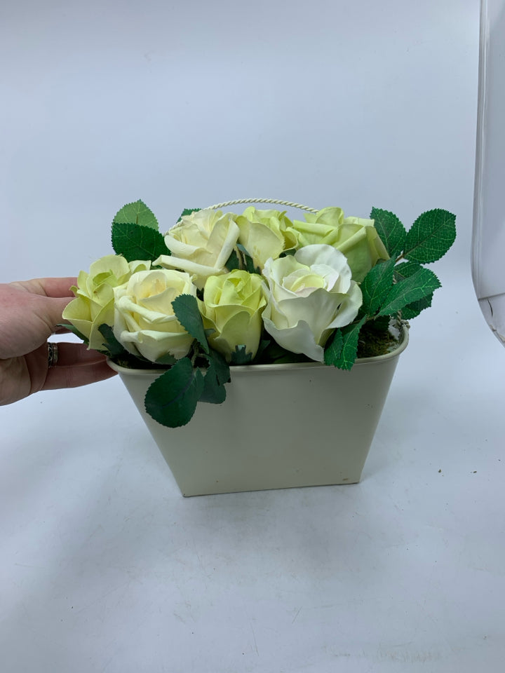 WHITE METAL WALL POCKET W/ FAUX WHITE ROSES.