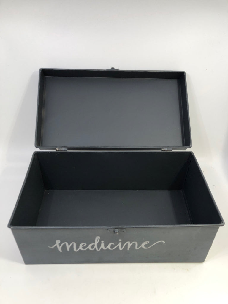GRAY TIN "MEDICINE" BOX W/LATCH HOOK.