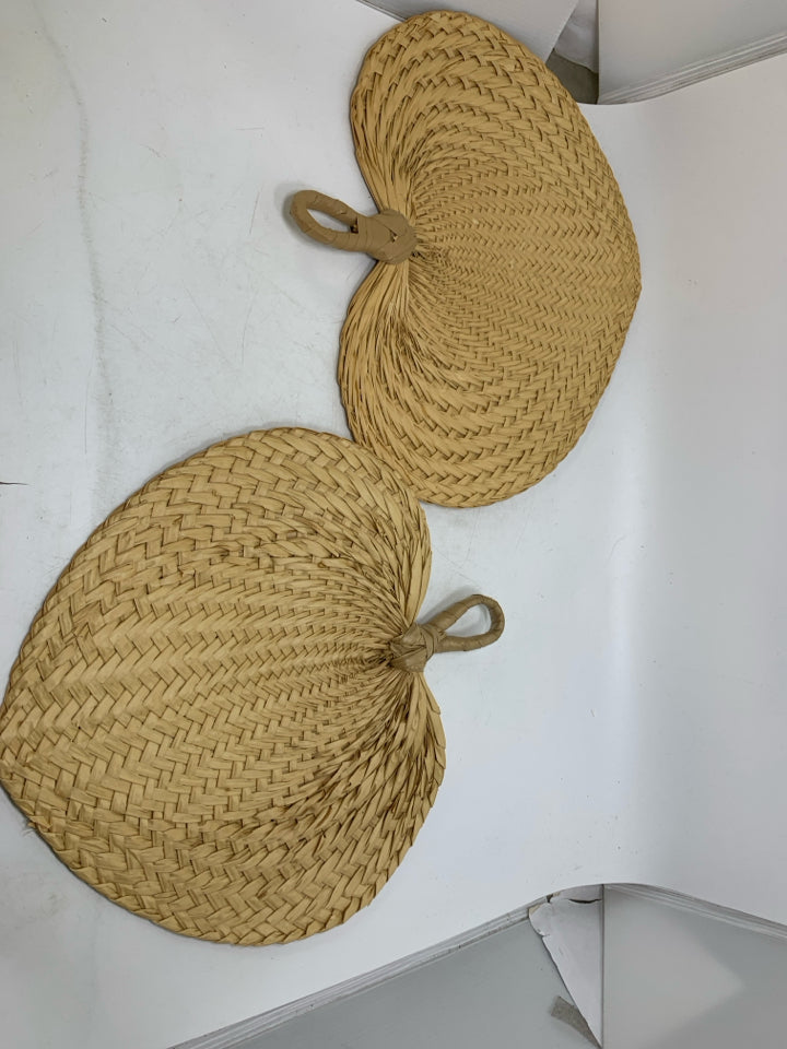 2 STRAW WOVEN FAN WALL HANGINGS.