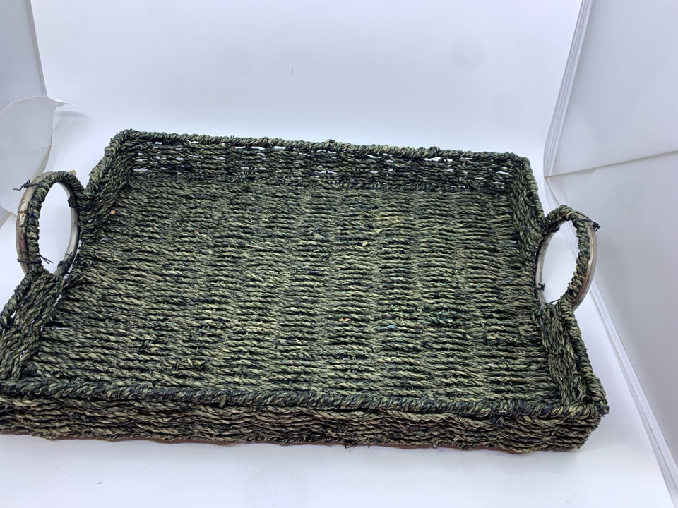 GREY WICKER TRAY W SILVER HANDLES.