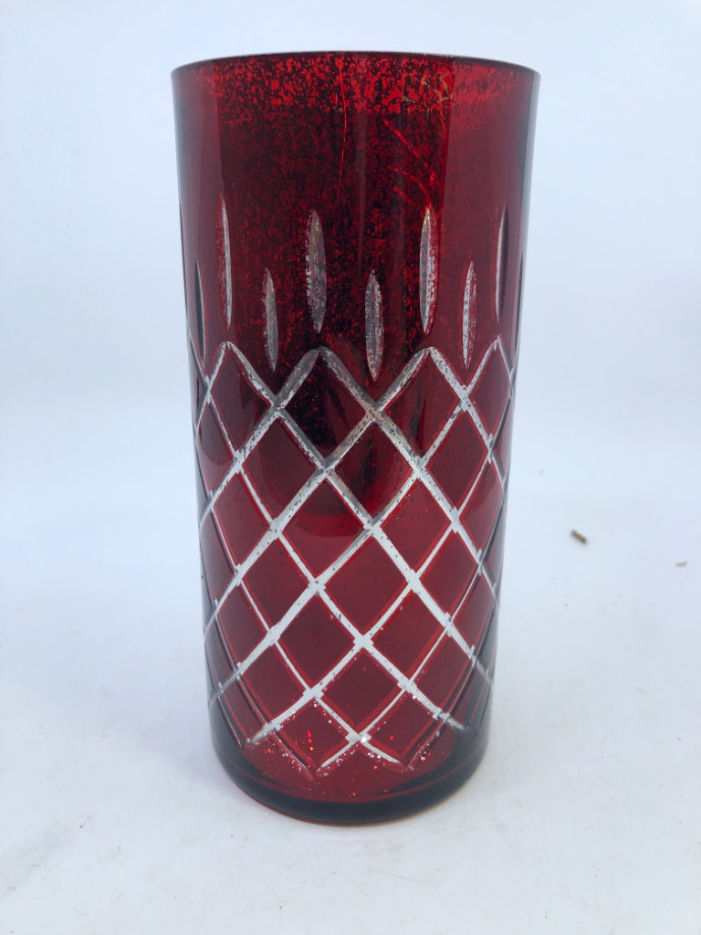 RED/ SILVER MERCURY GLASS CANDLE HOLDER.
