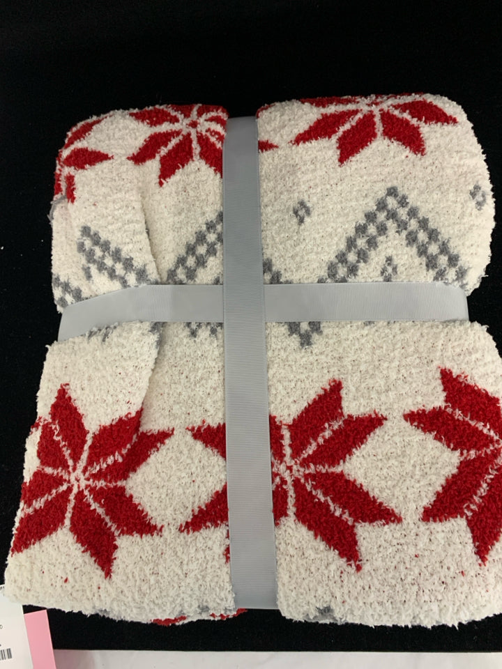 NIP WHITE W/ RED SNOWFLAKES THROW BLANKET.