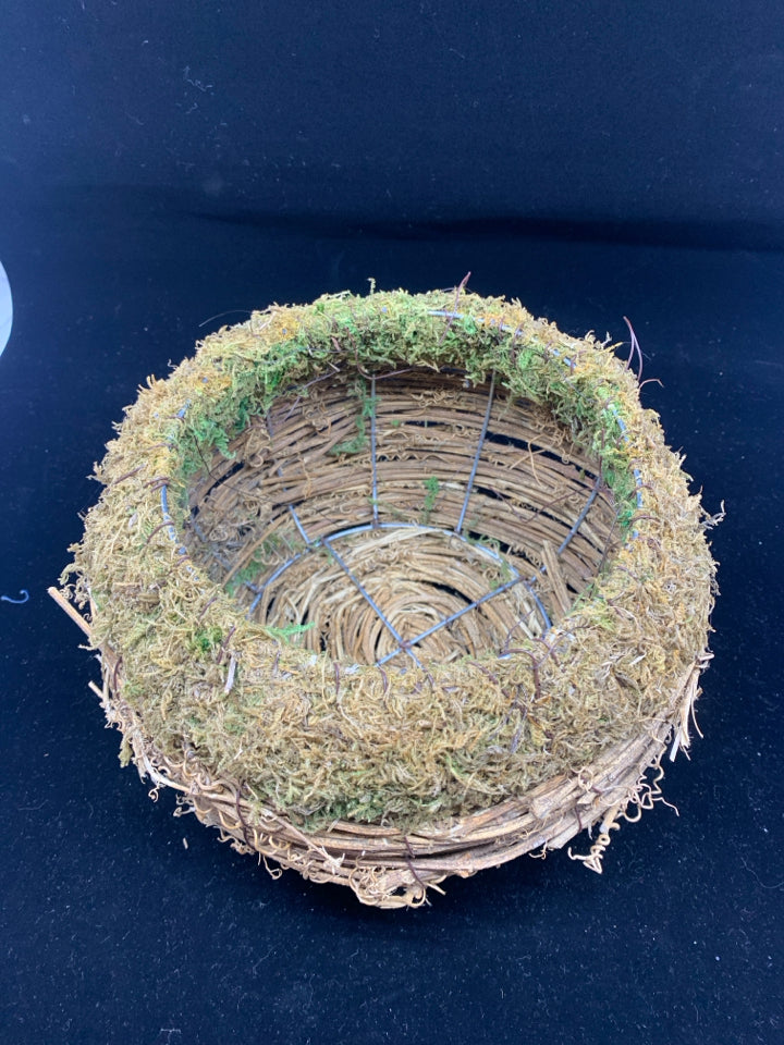 TWIG WOVEN CIRCLE PLANTER W/ MOSS ON RIM.