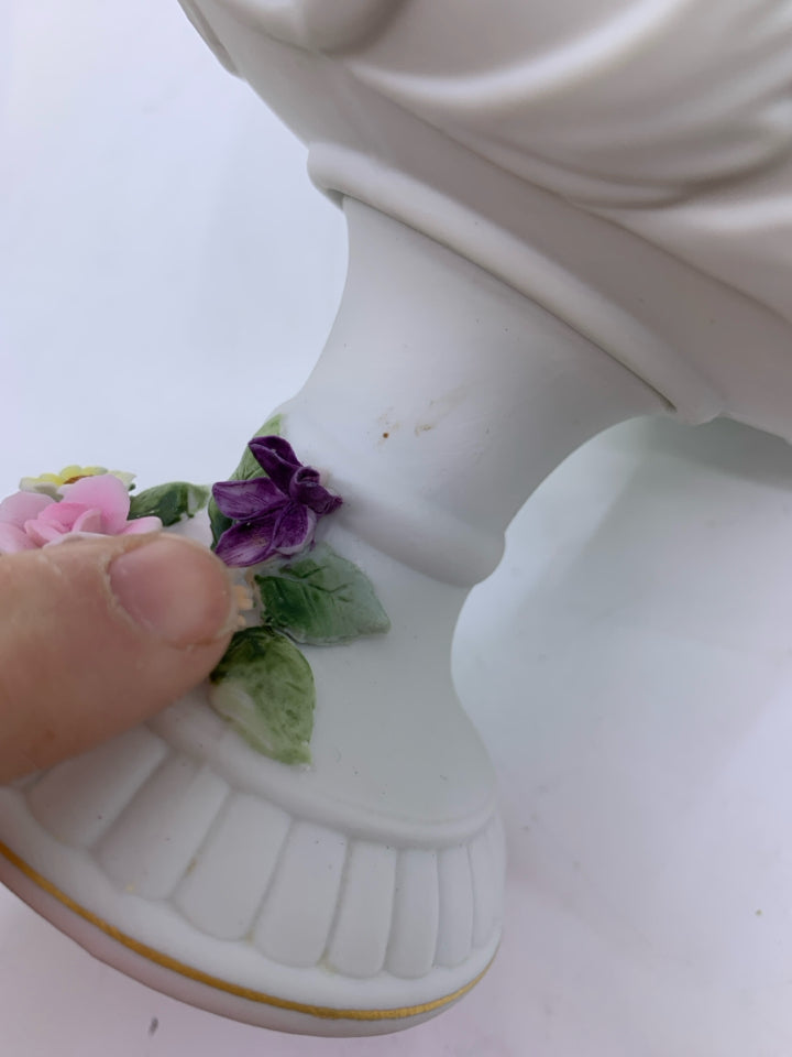 WHITE CERAMIC FOOTED BOWL W/ EMBOSSED COLORFUL FLOWERS W/ LID.