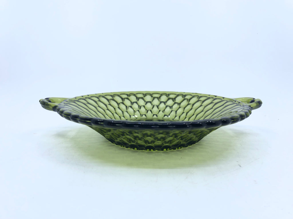 GREEN CUT GLASS BOWL W HANDLES.