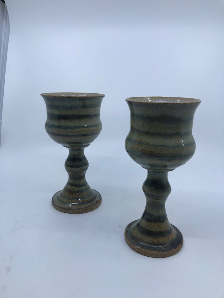 2 POTTERY GOBLETS GREEN- SIGNED.