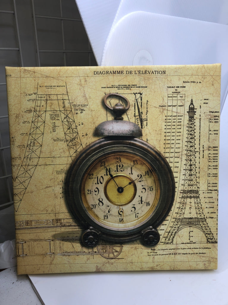 CLOCK, EIFFEL TOWER CANVAS WALL ART.