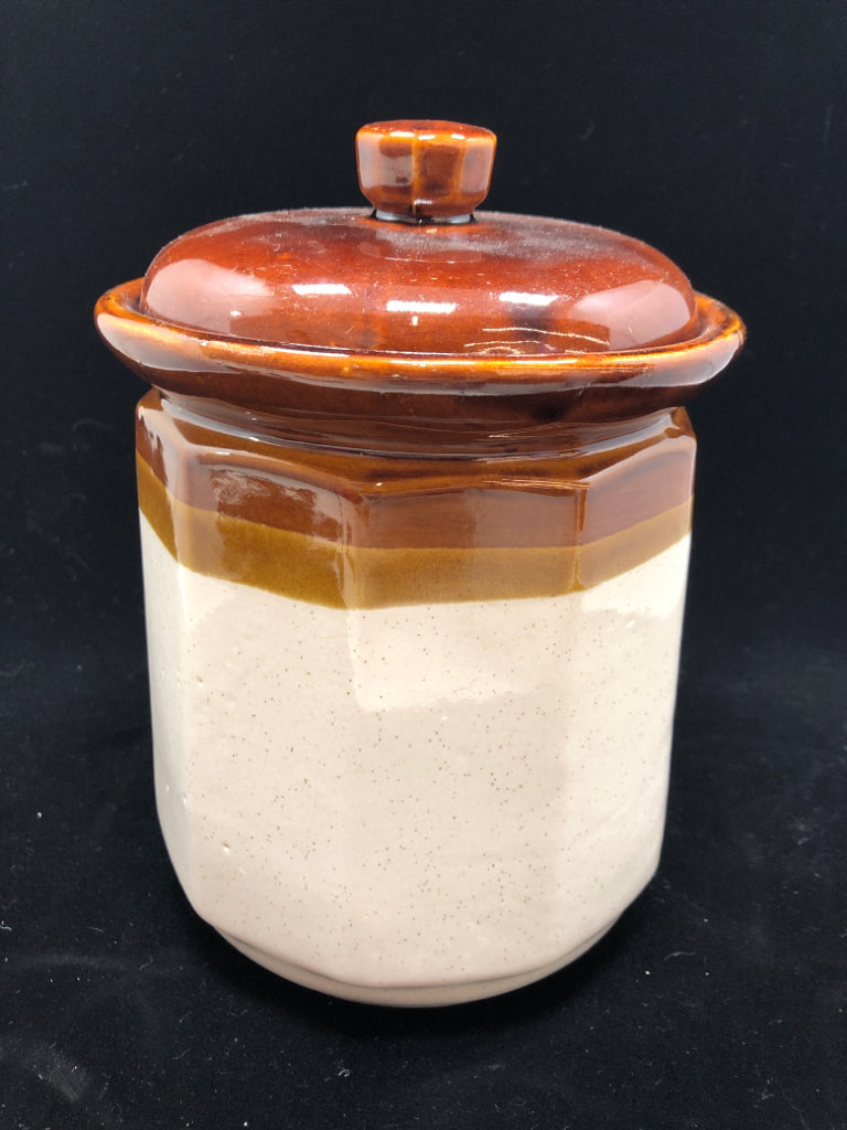 4 BROWN DIPPED CERAMIC CANISTERS.