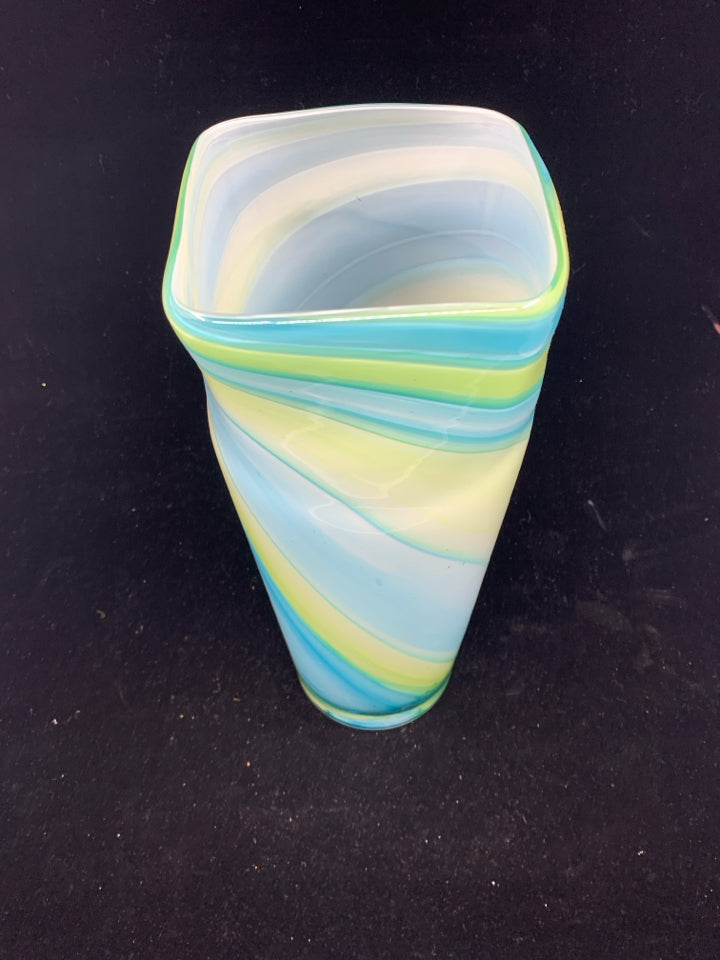 BLUE, YELLOW, GREEN SWIRL GLASS VASE.