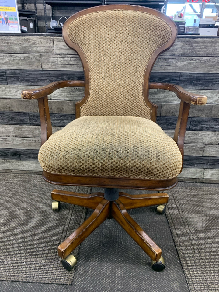 VTG WOOD/TAN/GOLD ROLLING OFFICE CHAIR.