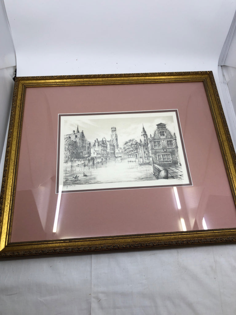 PARIS SCENE DRAWING IN GOLD ORNATE FRAME.