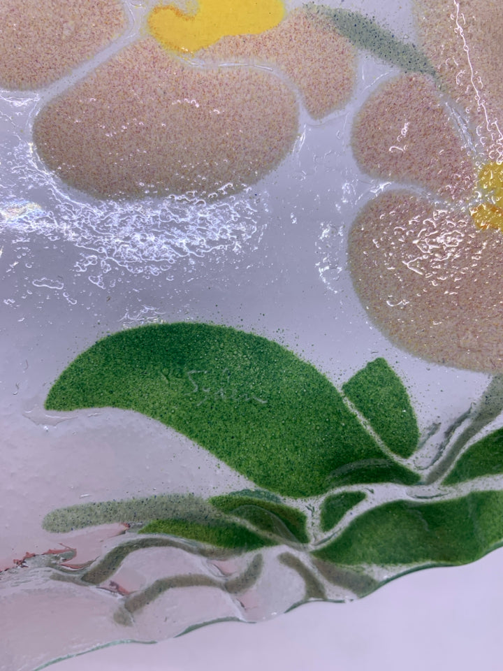 RECTANGLE FUSED GLASS WHITE/PINK FLORAL TRAY RUFFLED EDGE.