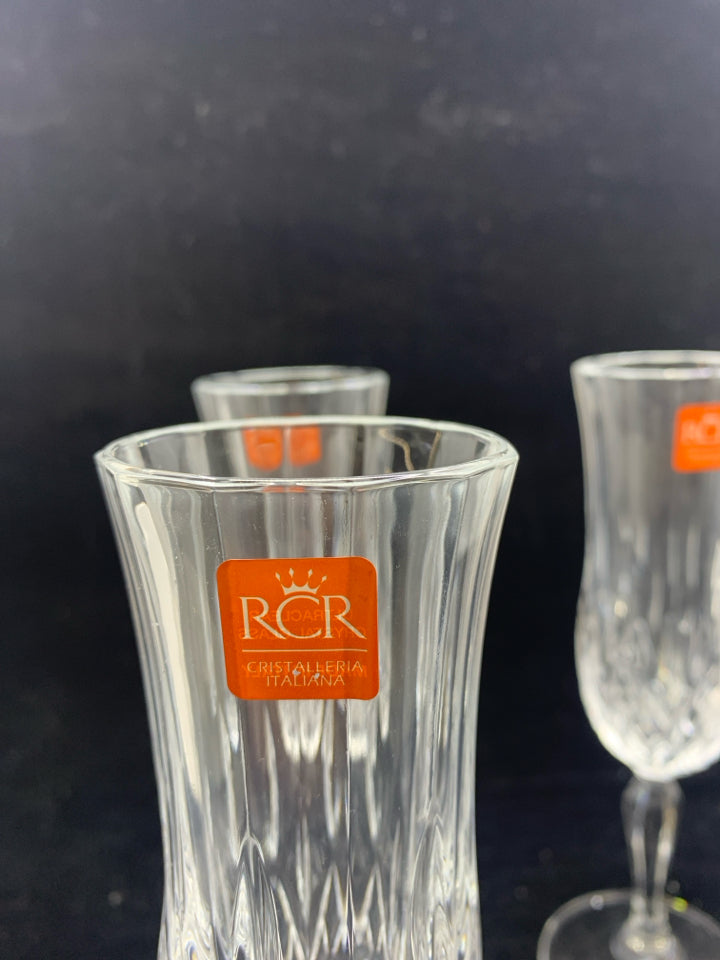 4 RCR CRYSTAL CHAMPAGNE FLUTES.