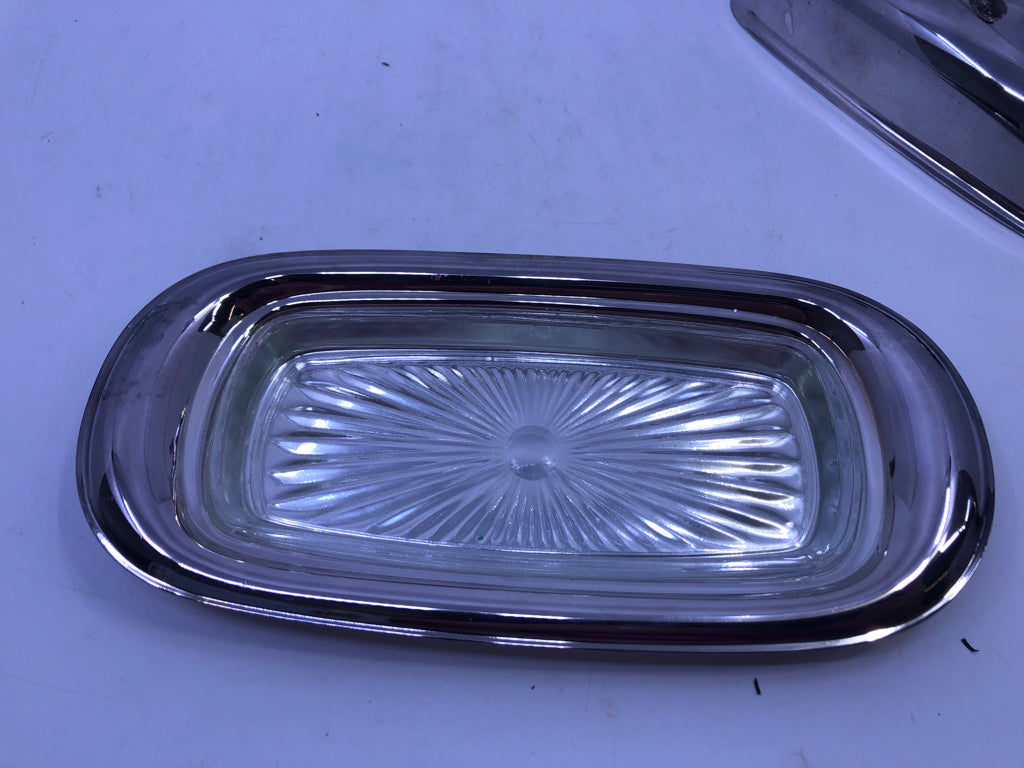 METAL + GLASS BUTTER DISH.