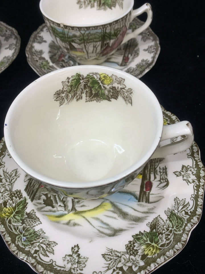 8 PC SVC 4 VTG RED BARN SCENE TEA CUPS JOHNSON BROS.