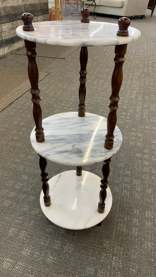 3TIER MARBLE ACCENT TABLE W/SPINDLE LEGS.