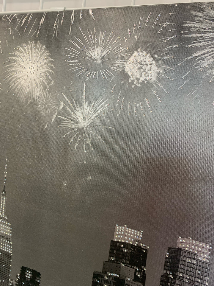 TEXTURED SILVER CITY FIREWORK SKYLINE.