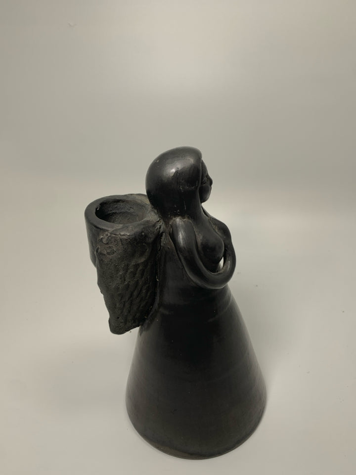 GREY GLAZED CLAY ANGEL PRAYING TAPERED CANDLE HOLDER.