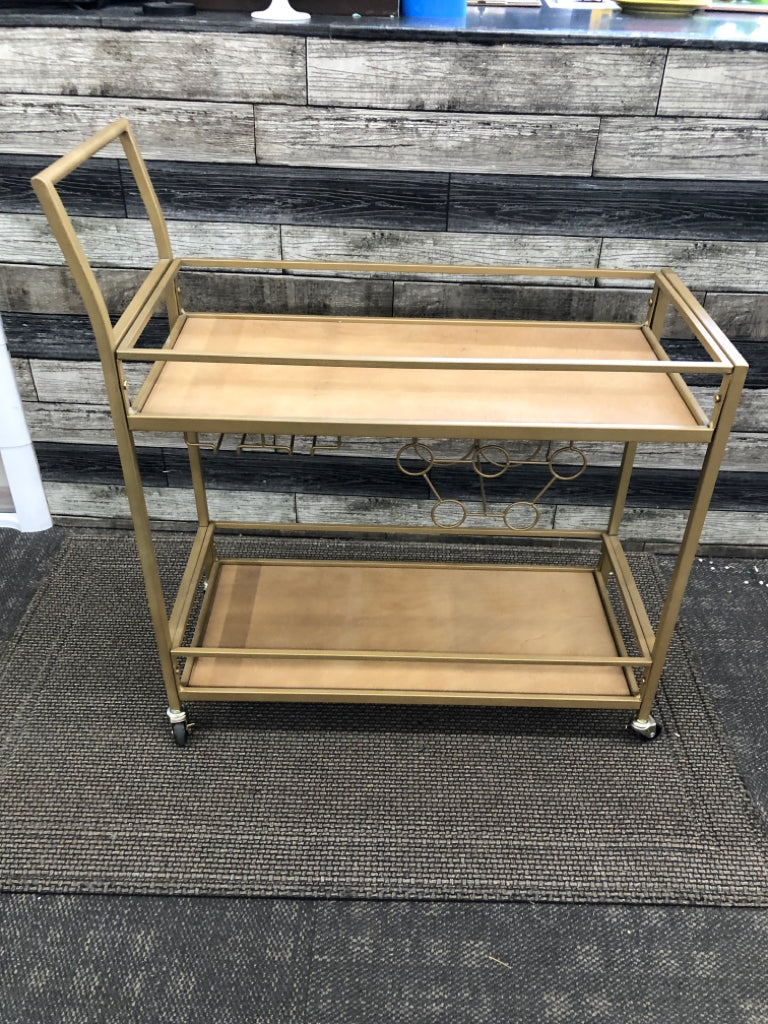 WOOD 2 TIER ROLLING BEVERAGE CART W/GOLD METAL FRAME, WINE RACK.
