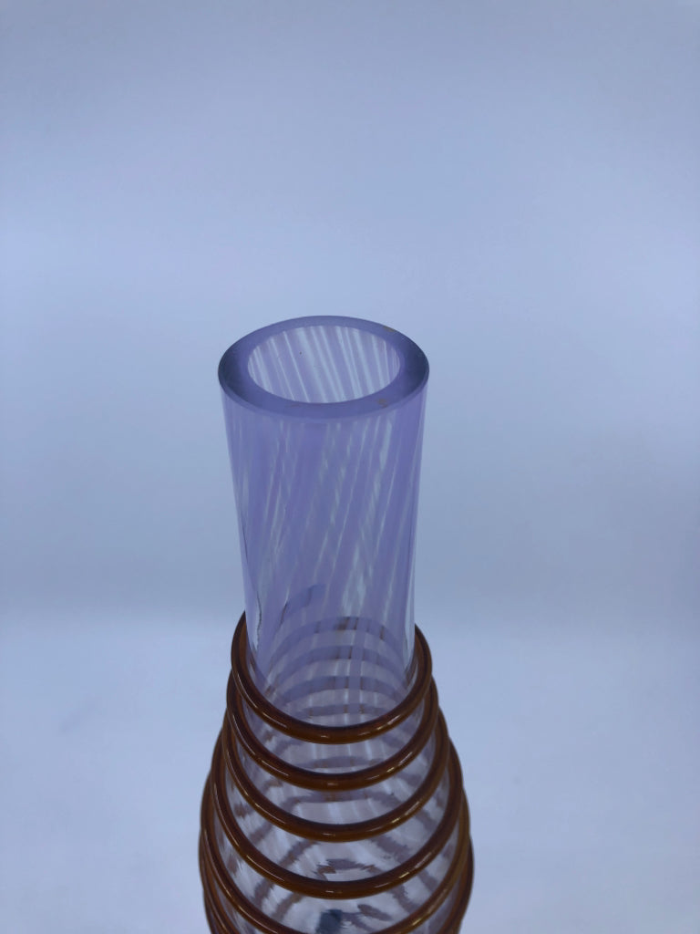 BLOWN GLASS VASE W/BROWN, PURPLE LINE DETAIL.
