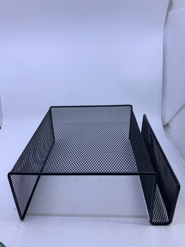 BLACK METAL COMPUTER STAND W SIDE POCKET.