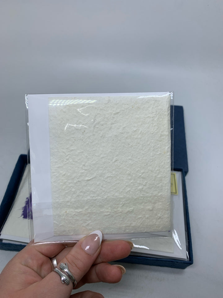 12 HANDMADE NEW NOTECARDS IN BLUE PAPER BOX.